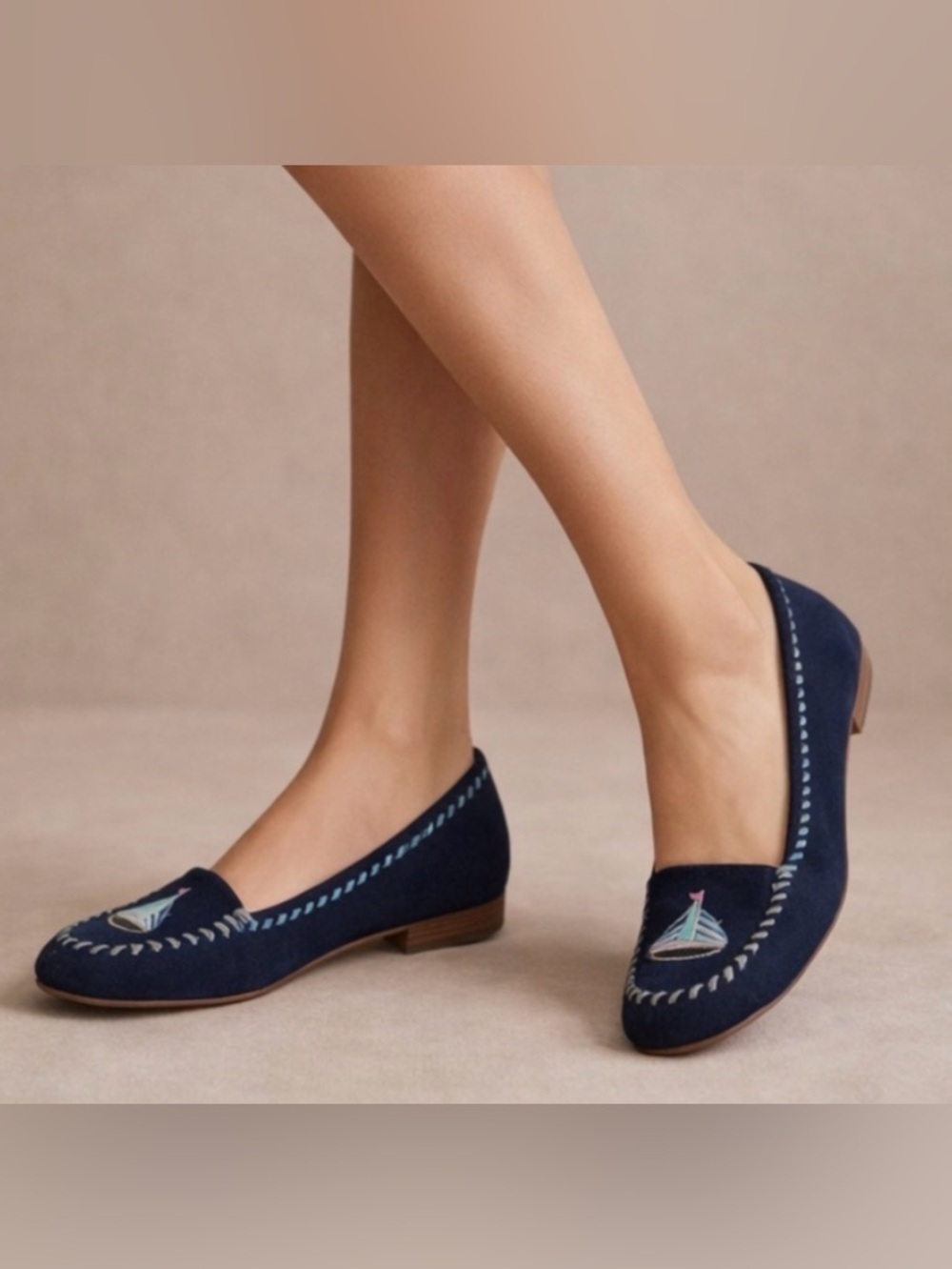 Talbots Navy Suede Sailboat Flats | Nautical Embroidery | Size 7.5
